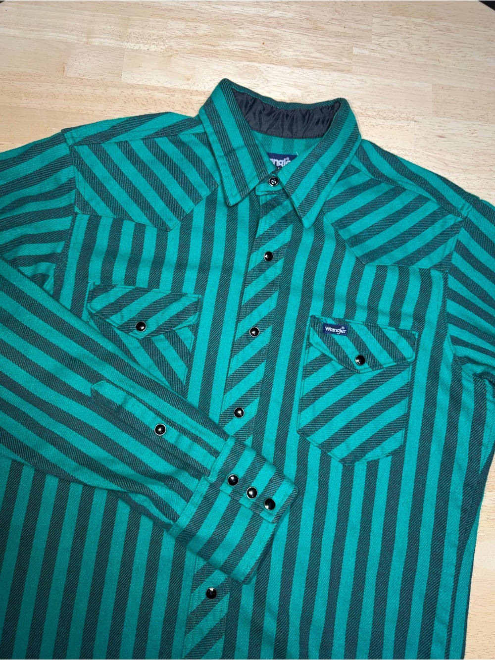 Vintage Wrangler Green Black Striped Pearl Snap Western Shirt Large Made In USA